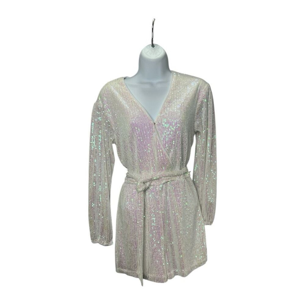 Crystal Sky White Sequin Iridescent Long Sleeve‎ Romper Sz Small